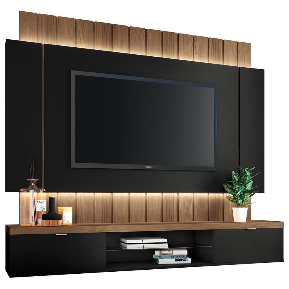 Painel Para Tv 55 Pol Ripado Com Bancada Suspensa Luzzi B01 Preto Castanho - Lyam Decor - 1