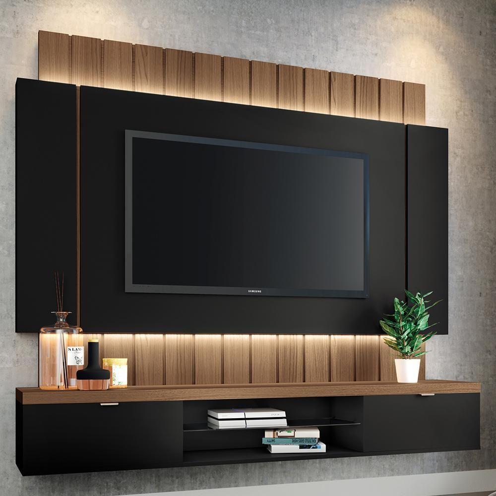 Painel Para Tv 55 Pol Ripado Com Bancada Suspensa Luzzi B01 Preto Castanho - Lyam Decor - 2