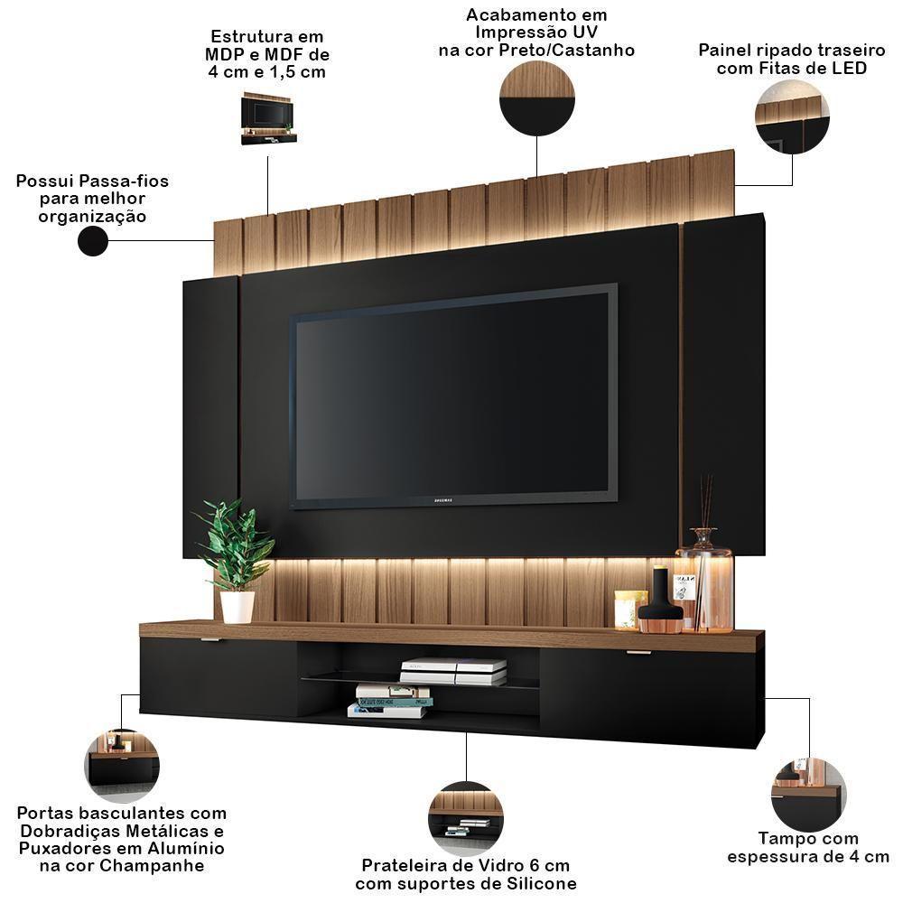 Painel Para Tv 55 Pol Ripado Com Bancada Suspensa Luzzi B01 Preto Castanho - Lyam Decor - 3