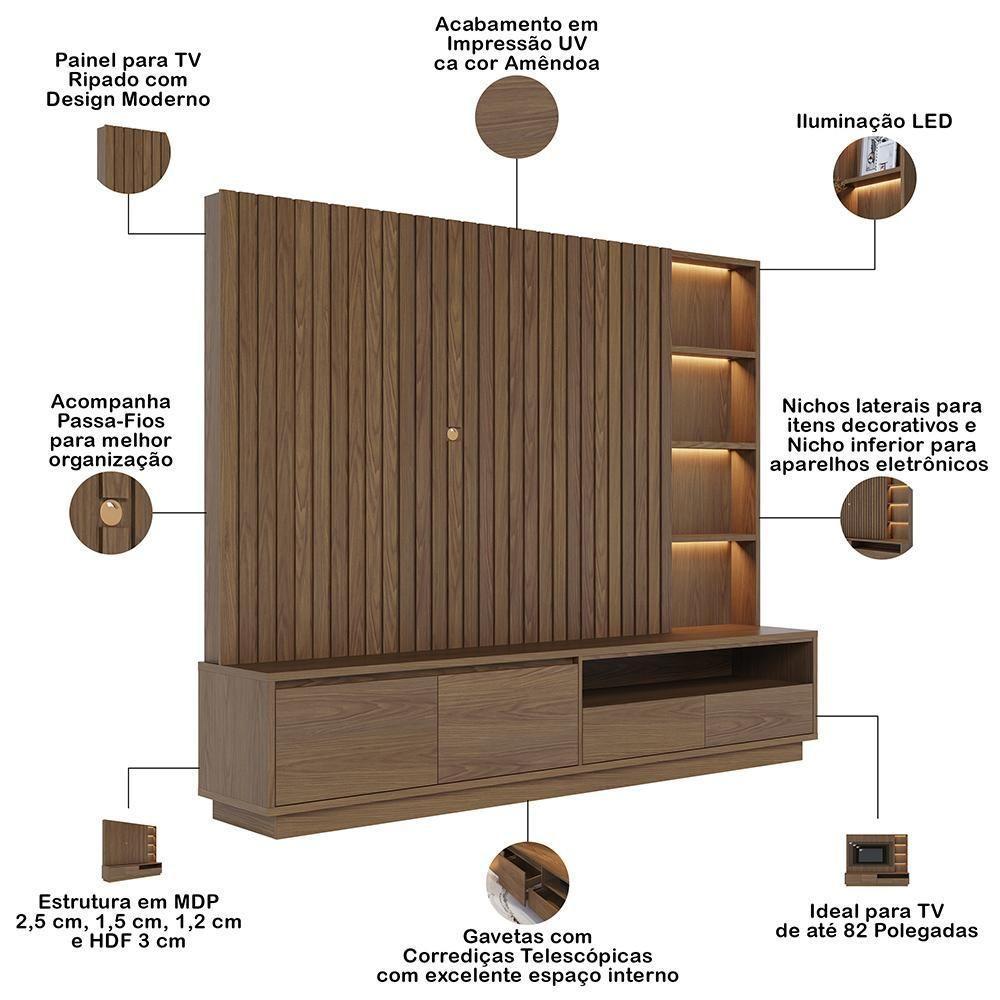 Estante Painel Para Tv 82 Pol Ripado Com Led 240cm Jolie C04 Amêndoa - Lyam Decor - 3