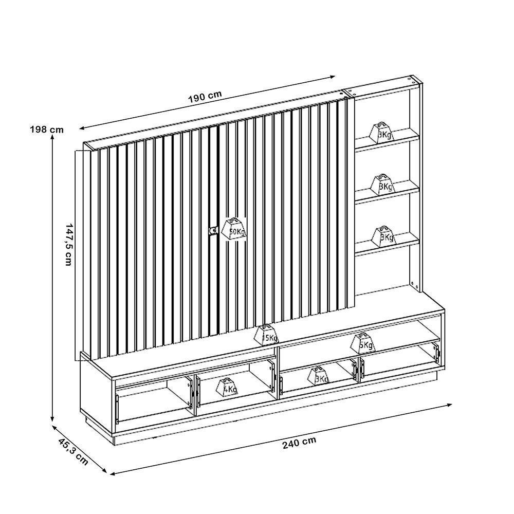 Estante Painel Para Tv 82 Pol Ripado Com Led 240cm Jolie C04 Amêndoa - Lyam Decor - 4