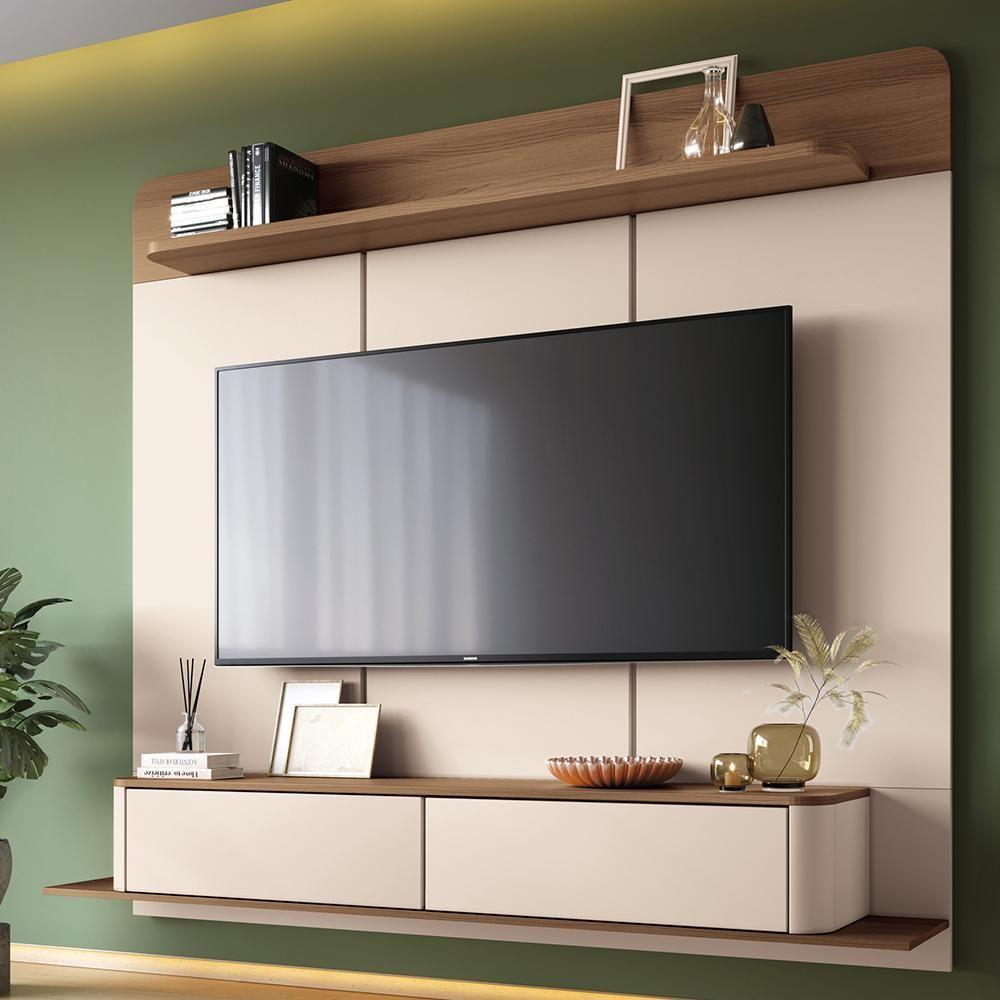 Painel Para Tv 70 Pol Bancada Suspensa Orgânica Cheri B01 Off White Castanho - Lyam Decor - 2