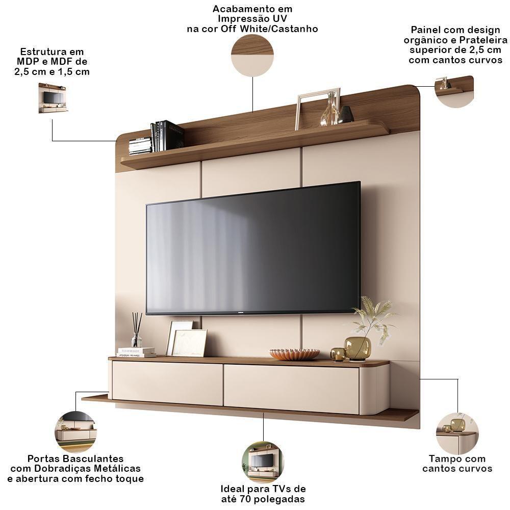 Painel Para Tv 70 Pol Bancada Suspensa Orgânica Cheri B01 Off White Castanho - Lyam Decor - 3