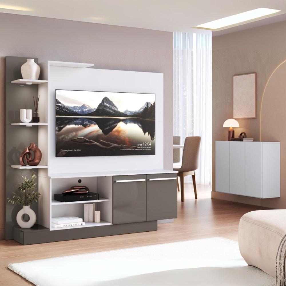 Rack Com Painel Para Tv Até 55 Polegadas E Aparador 3 Portas Multimóveis Mp1097 Branco/lacca Fumê - 1