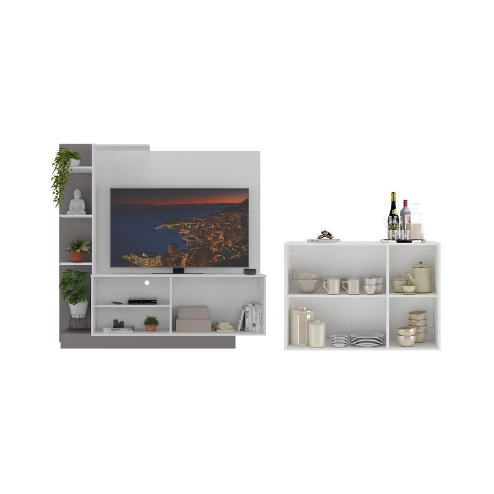 Rack Com Painel Para Tv Até 55 Polegadas E Aparador 3 Portas Multimóveis Mp1097 Branco/lacca Fumê - 3