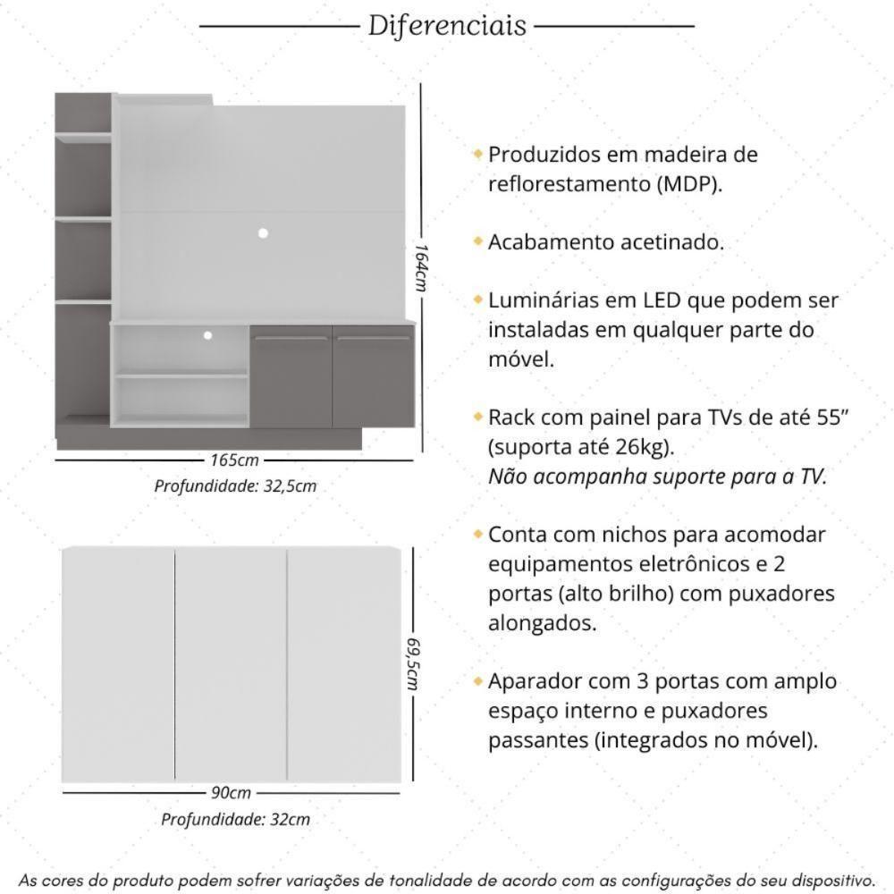 Rack Com Painel Para Tv Até 55 Polegadas E Aparador 3 Portas Multimóveis Mp1097 Branco/lacca Fumê - 5