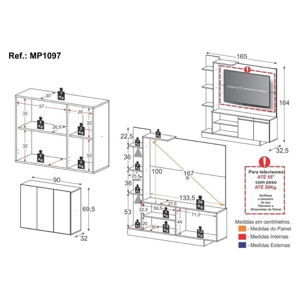 Rack Com Painel Para Tv Até 55 Polegadas E Aparador 3 Portas Multimóveis Mp1097 Branco/lacca Fumê - 6