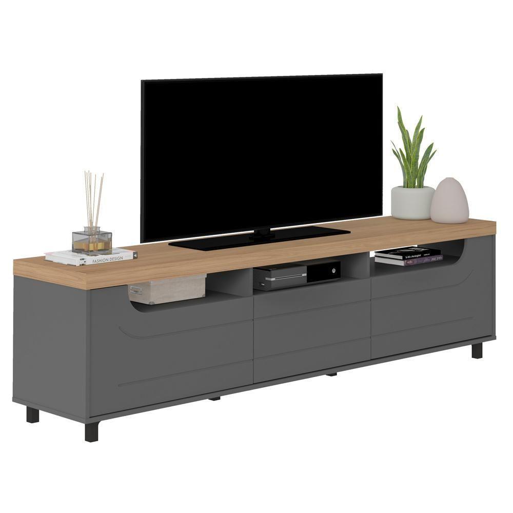Rack Sala De Estar Tv 75 Pol 200 Cm 4442 Carvalho Grafite Arly Carvalho Grafite - 1
