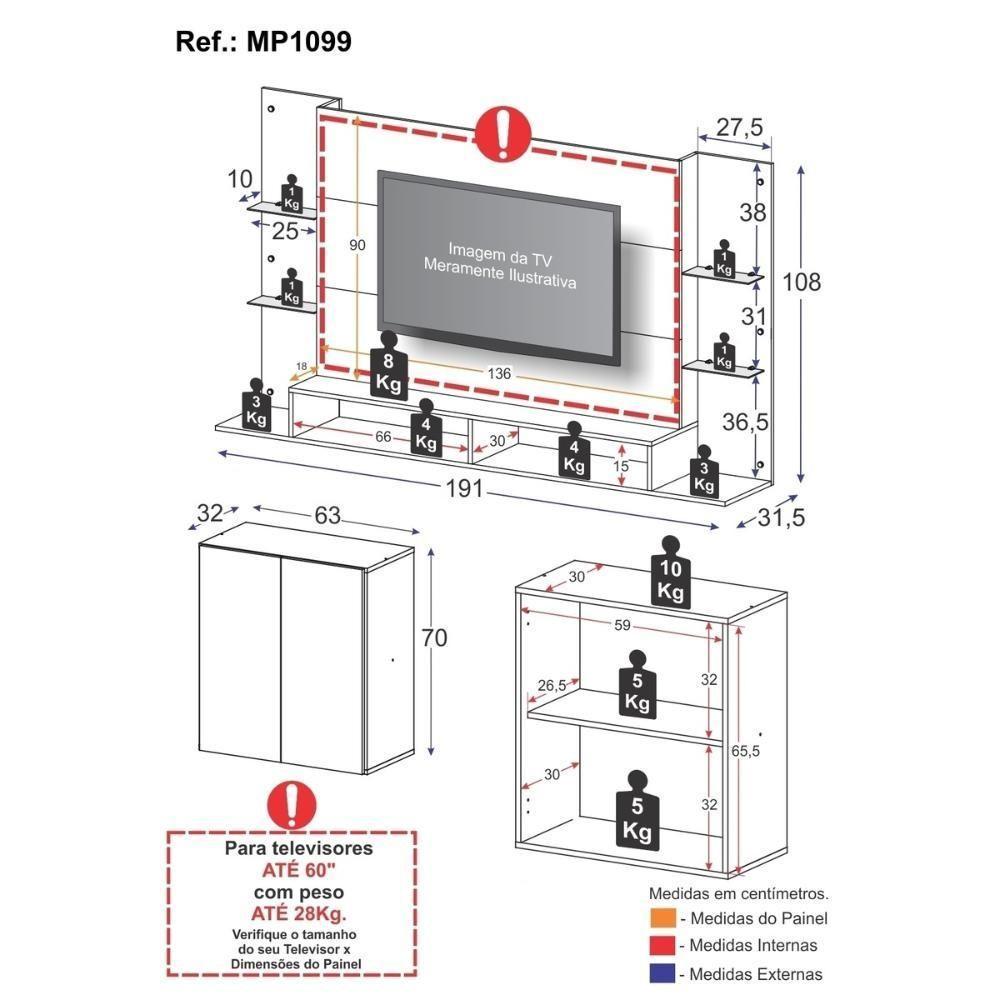 Painel Para Tv 60 Polegadas Com Prateleiras Vidro E Aparador 2 Portas Multimóveis Mp1099 Branco - 6