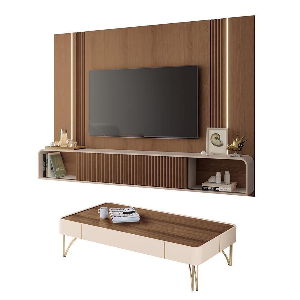Conjunto Home Suspenso Com led E Mesa De Centro Rennes Mdf/mdp Off White/castanho G26 - Gran Belo - 1