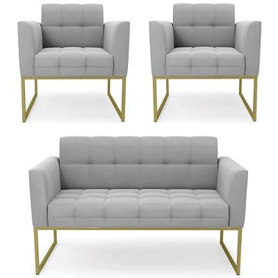 Sofá Namoradeira E 2 Poltronas Base Industrial Dourado Ana Suede Cinza - Ibiza