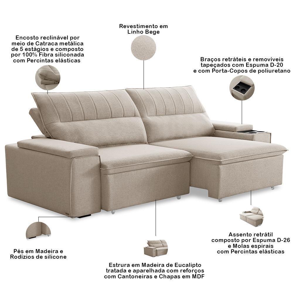 Sofá Retrátil Reclinável Para Sala 3 Lugares 245cm Ricci F04 Linho Bege - Lyam Decor - 4