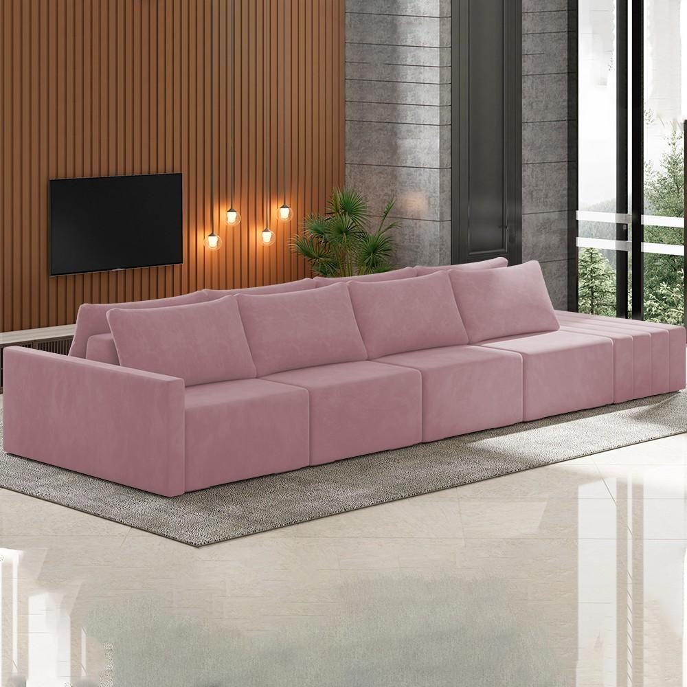 Sofá Ilha Modular Com Puff Para Sala Living 432cm Georgia K04 Veludo Rosê - Mpozenato - 2