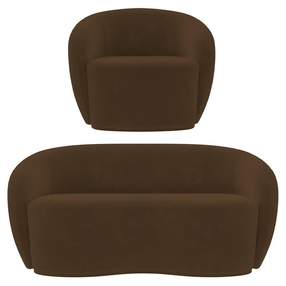 Sofá 2 Lugares Living 160cm E 1 Poltrona Giratória Garbin K04 Veludo Marrom - Mpozenato - 1