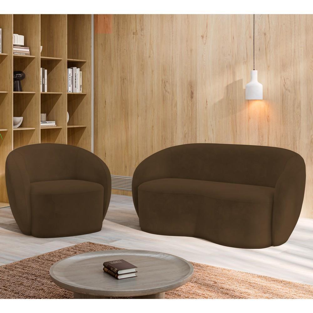 Sofá 2 Lugares Living 160cm E 1 Poltrona Giratória Garbin K04 Veludo Marrom - Mpozenato - 2