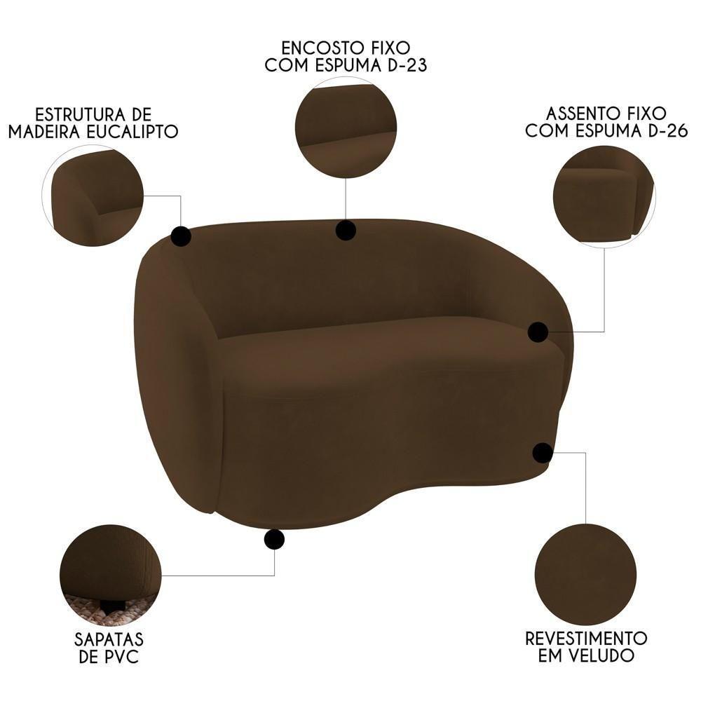 Sofá 2 Lugares Living 160cm E 1 Poltrona Giratória Garbin K04 Veludo Marrom - Mpozenato - 4