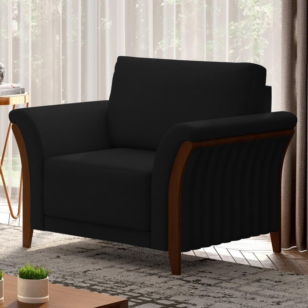 Kit Sofá Living 3 Lugares E Poltrona 102cm Pés Madeira Roya M22 Veludo Preto - Mpozenato - 5