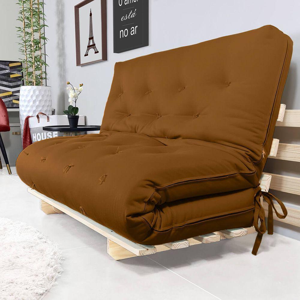 Sofa Cama Casal Futon Oriental Caramelo Com Madeira Maciça - 1