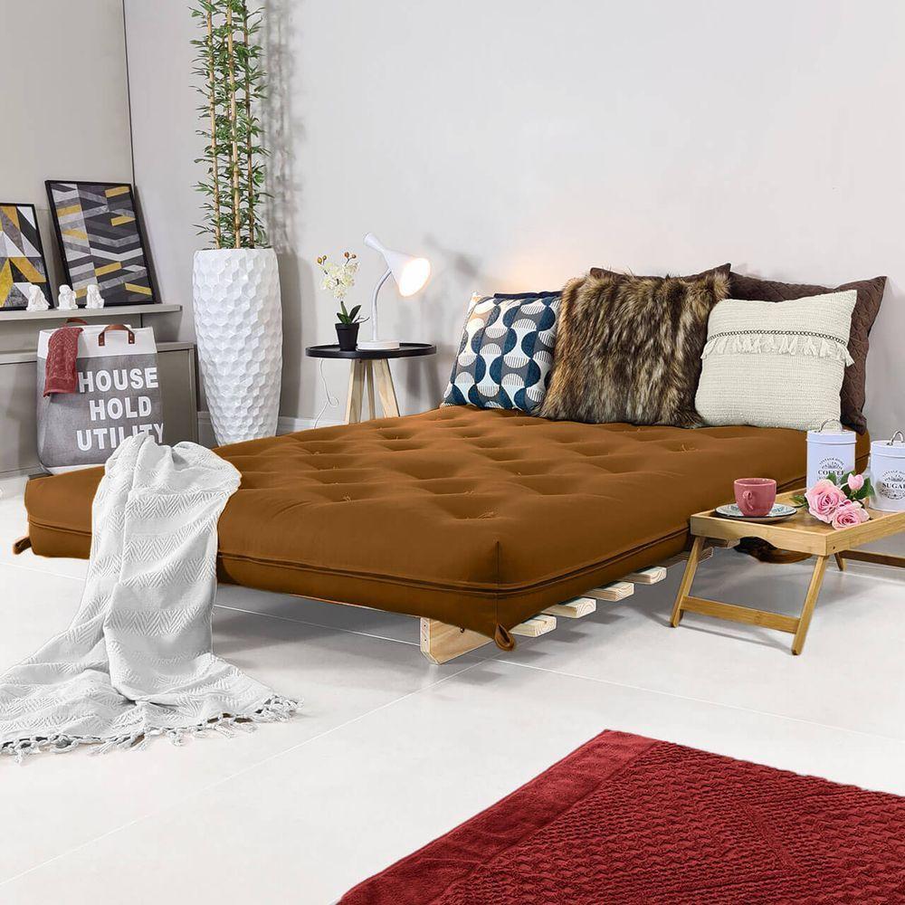 Sofa Cama Casal Futon Oriental Caramelo Com Madeira Maciça - 2