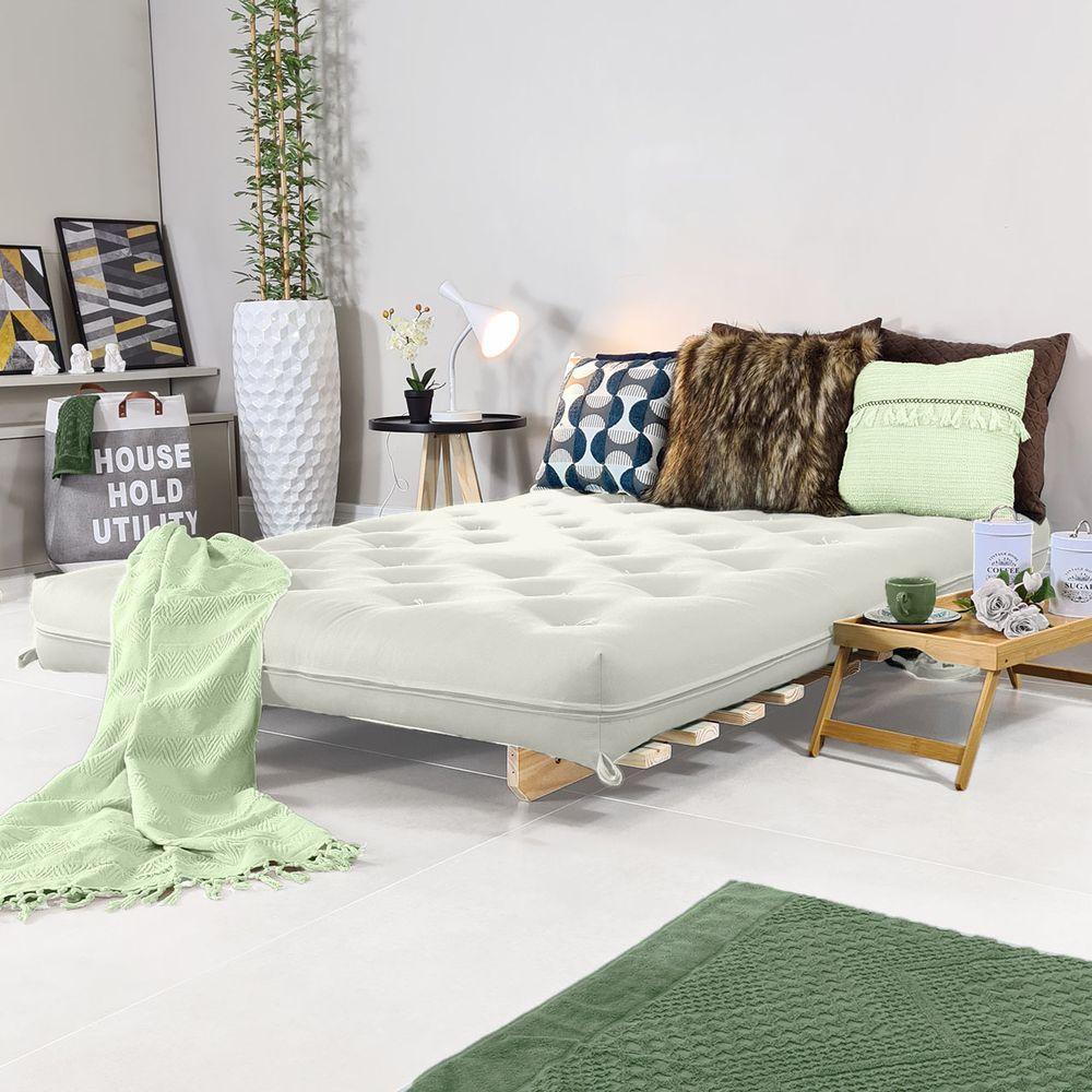 Sofa Cama Casal Futon Oriental Branco Off Acquablock Com Madeira Maciça - 2