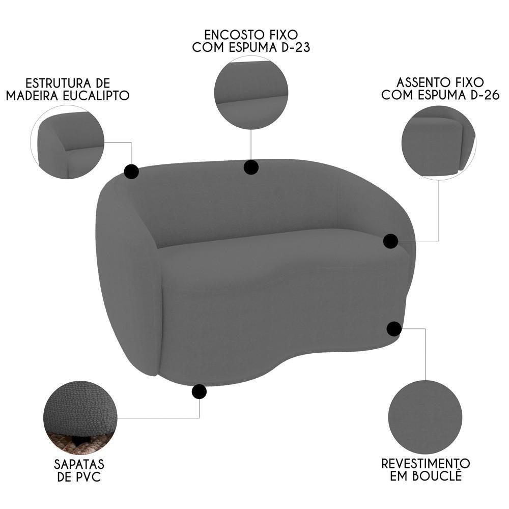 Sofá 3 Lugares Living 180cm E 1 Poltrona Giratória Garbin K04 Bouclê Cinza - Mpozenato - 4