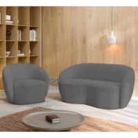 Sofá 3 Lugares Living 180cm E 1 Poltrona Giratória Garbin K04 Bouclê Cinza - Mpozenato - 2