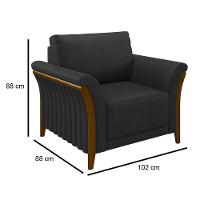 Kit Sofá Living 3 Lugares E Poltrona 102cm Pés Madeira Roya M22 Pu Preto - Mpozenato - 2