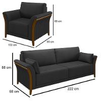 Kit Sofá Living 3 Lugares E Poltrona 102cm Pés Madeira Roya M22 Pu Preto - Mpozenato - 7