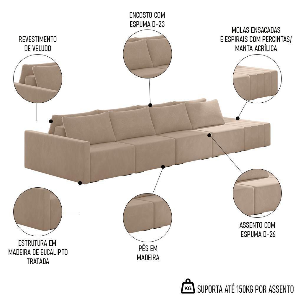 Sofá Ilha Modular Com Puff Para Sala Living 432cm Georgia K04 Veludo Bege - Mpozenato - 3