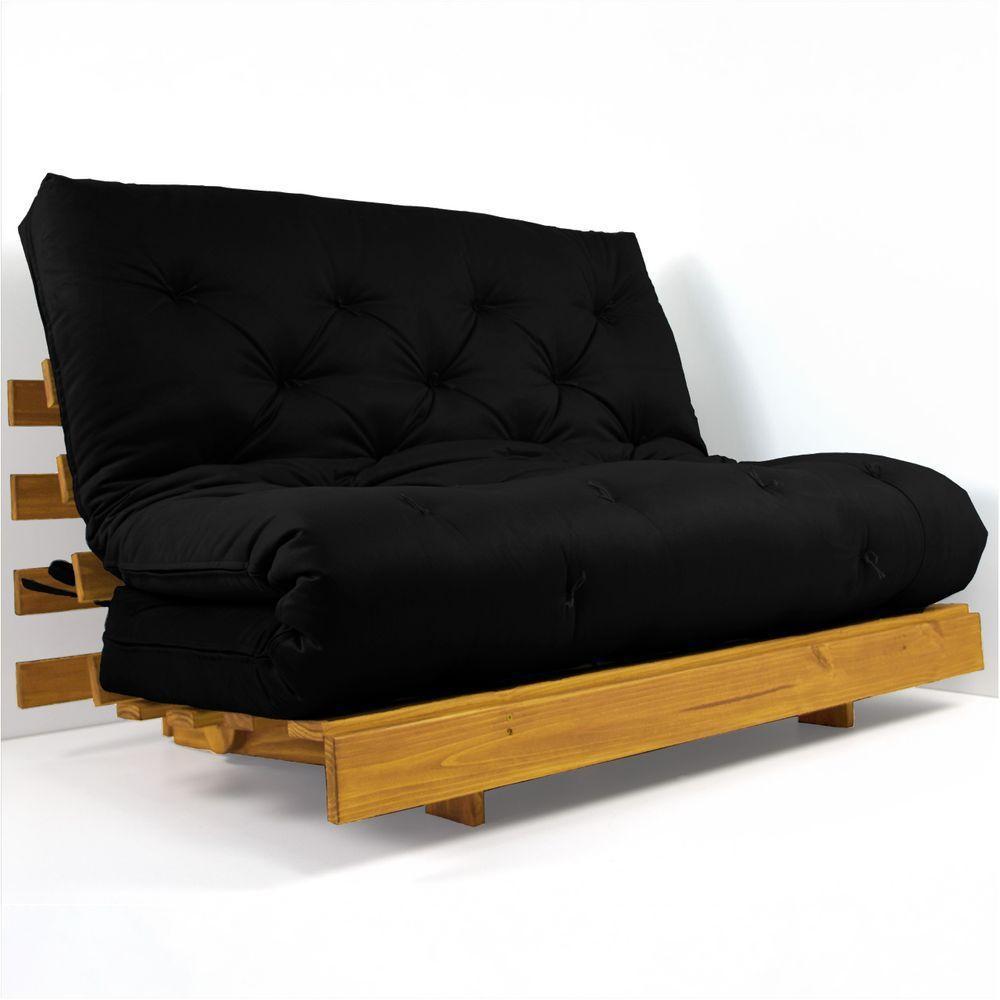 Sofá Cama Casal Futon Tokio Preto Madeira Maciça Cor Mel - 1