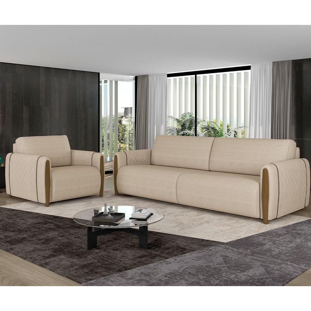 Conjunto Sofá 3 Lugares 223cm E Poltrona 98cm Amaranto M22 Linho Champanhe - Mpozenato - 2