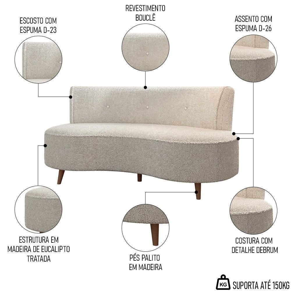 Sofá 2 Lugares Para Sala Living 135cm Pés Palito Korah K04 Boucle Bege - Mpozenato - 4