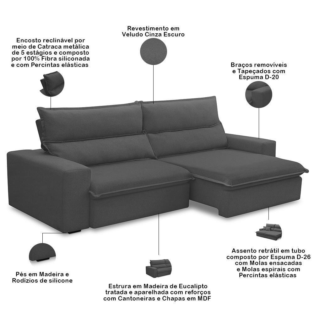 Sofá Retrátil Reclinável Para Sala 3 Lugares 250cm Senzi F04 Veludo Cinza Escuro - Lyam Decor - 3