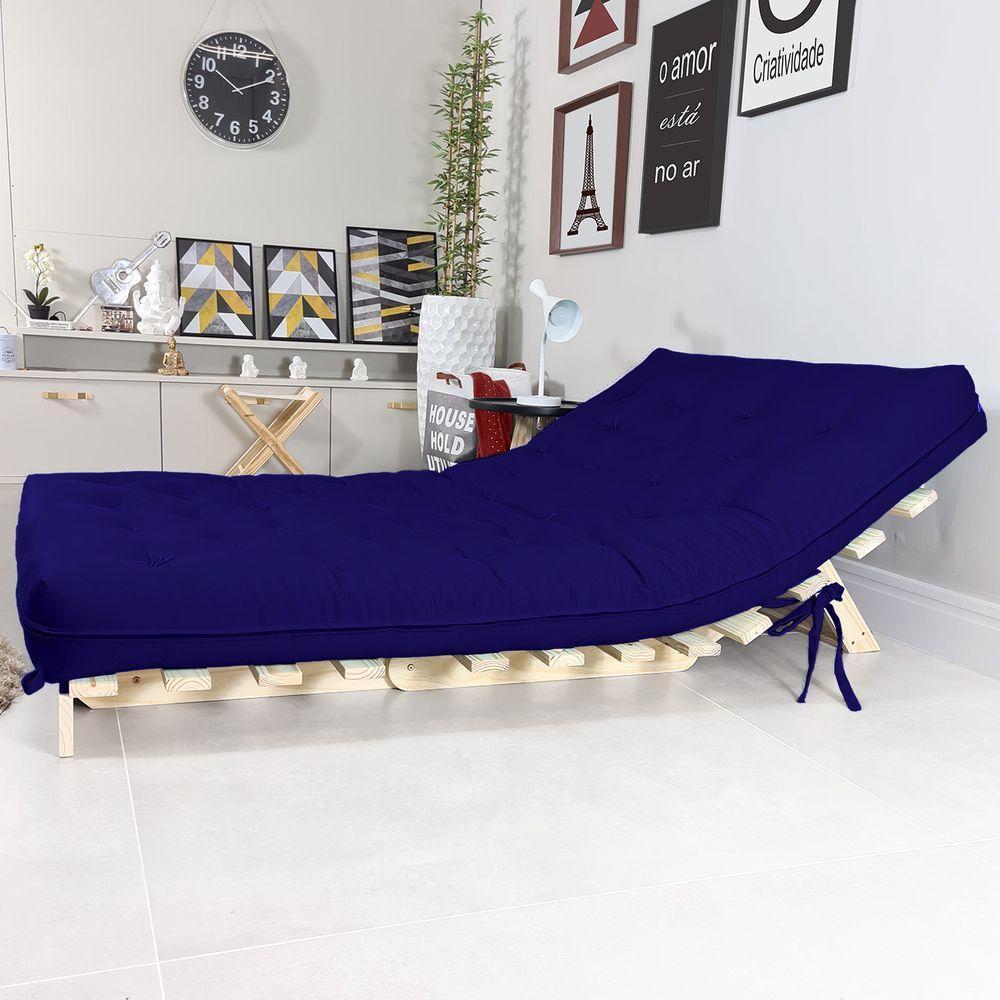 Sofa Cama Casal Futon Oriental Azul Royal Acquablock Com Madeira Maciça - 2