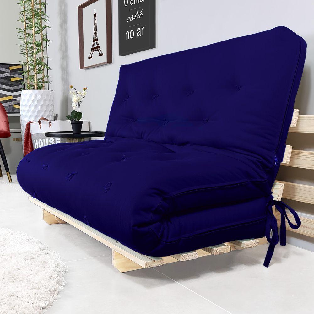 Sofa Cama Casal Futon Oriental Azul Royal Acquablock Com Madeira Maciça - 4