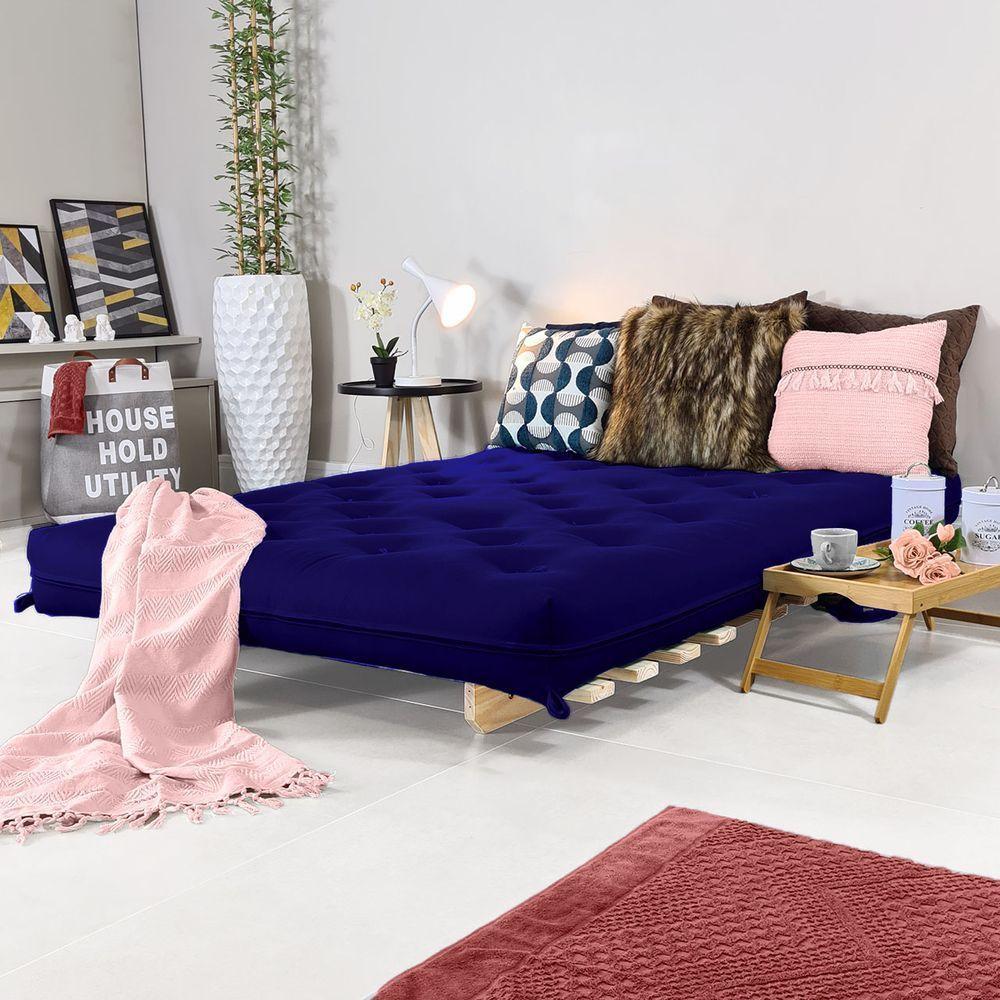 Sofa Cama Casal Futon Oriental Azul Royal Acquablock Com Madeira Maciça - 6