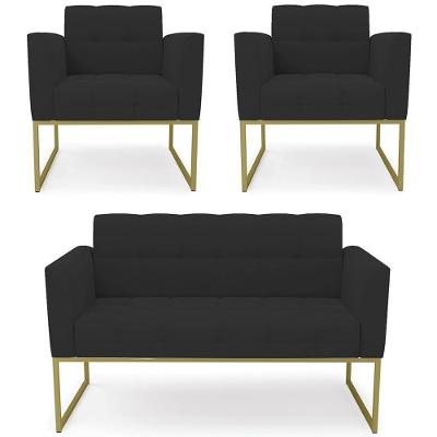Sofá Namoradeira E 2 Poltronas Base Industrial Dourado Ana Veludo Preto - Ibiza