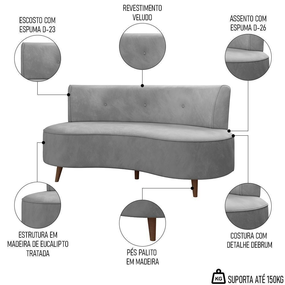 Sofá 2 Lugares Para Sala Living 135cm Pés Palito Korah K04 Veludo Cinza - Mpozenato - 3