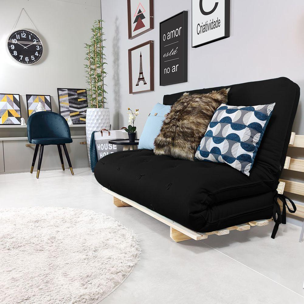 Sofa Cama Casal Futon Oriental Preto Acquablock Com Madeira Maciça - 5