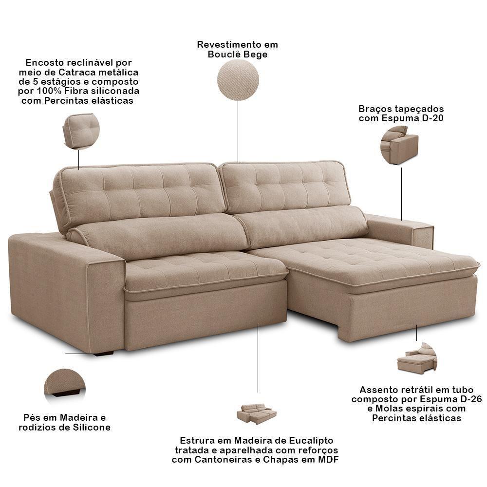 Sofá Retrátil Reclinável Para Sala 4 Lugares 290cm Haus F04 Bouclê Bege - Lyam Decor - 3