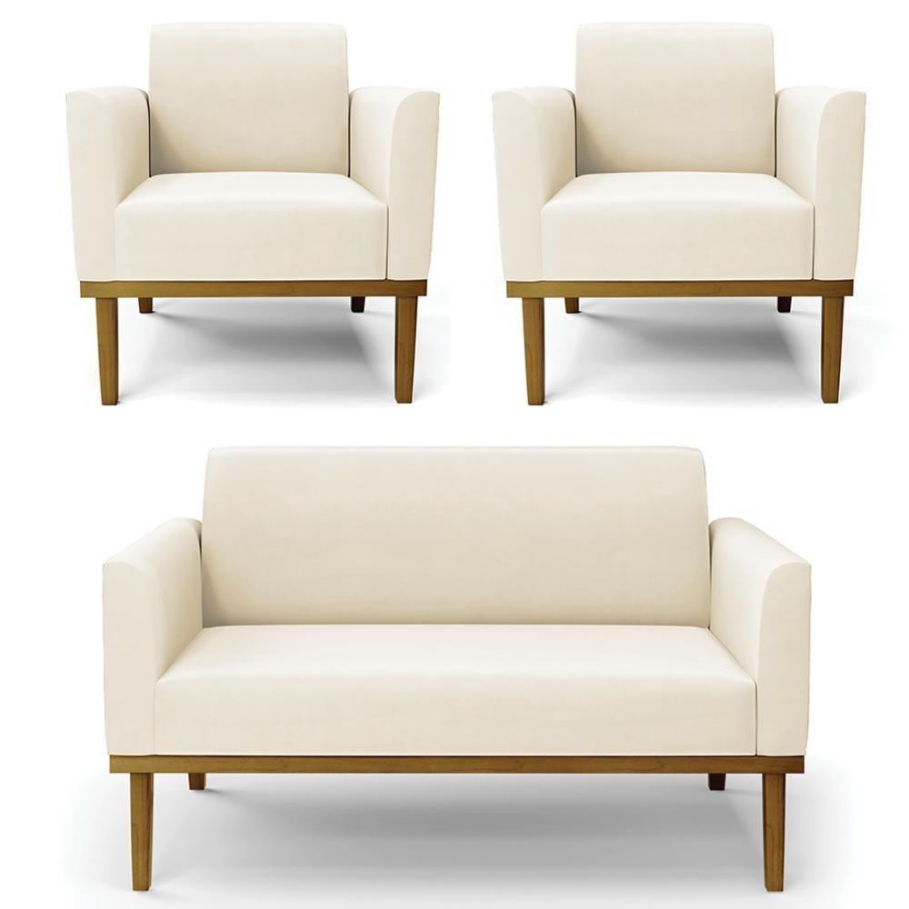 Sofá Namoradeira E 2 Poltronas Base Madeira Castanho Maressa Veludo Bege - Ibiza - 1