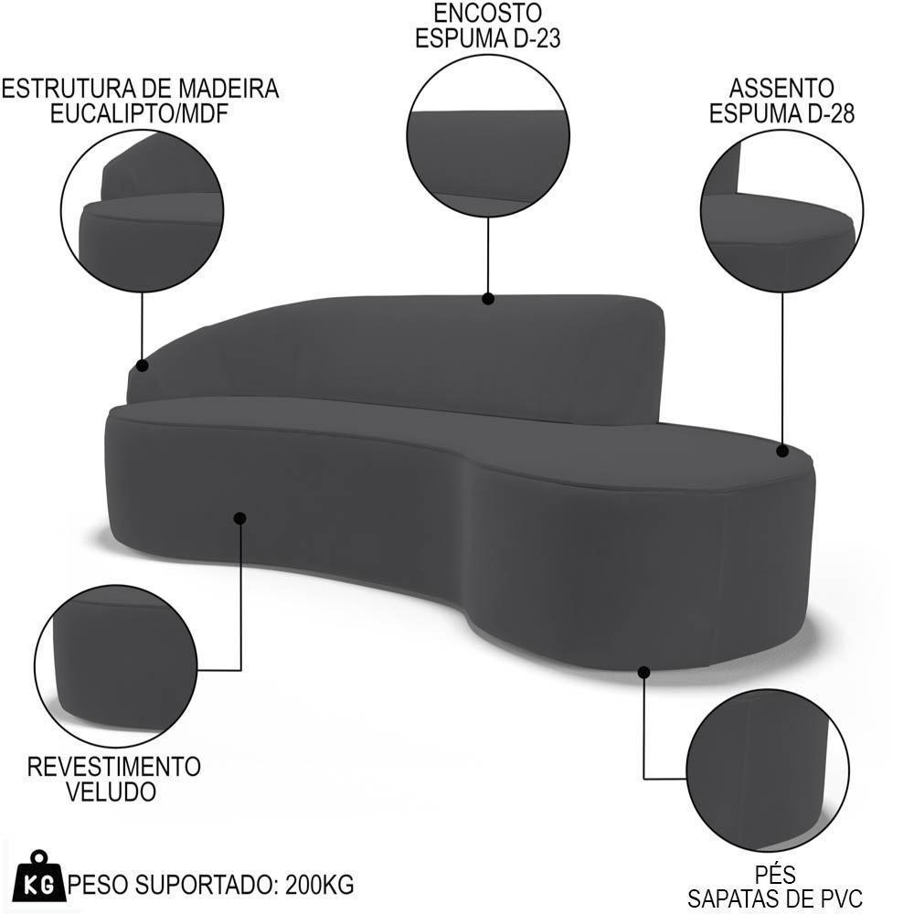 Sofá Living 2 Lugares 180cm Braço Esquerdo Mozart D06 Veludo Cinza - Mpozenato - 3