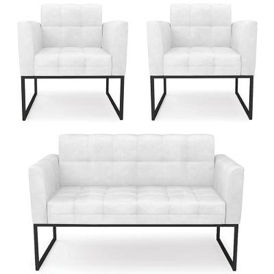Sofá Namoradeira E 2 Poltronas Base Industrial Preto Ana Sintético Pu Branco - Ibiza