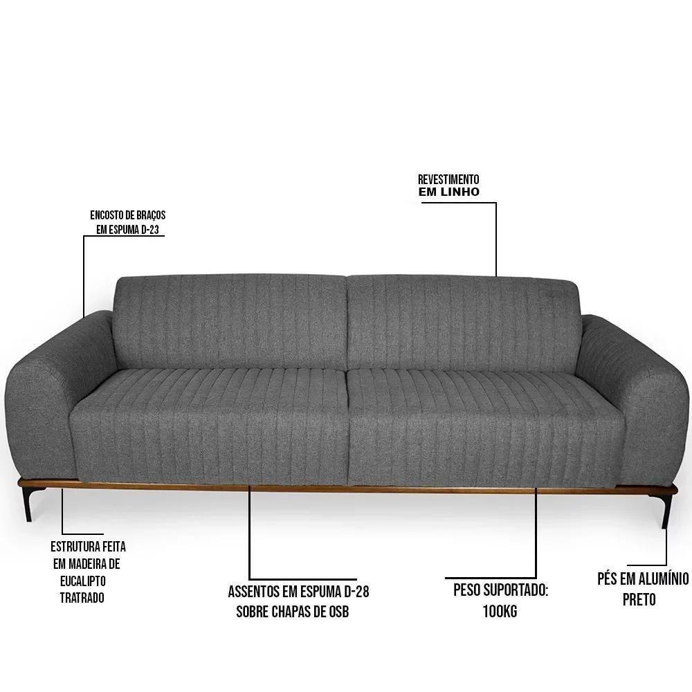 Sofá 230cm 3 Lugares Pés Preto Molino C-416 Linho Cinza - Domi - 3