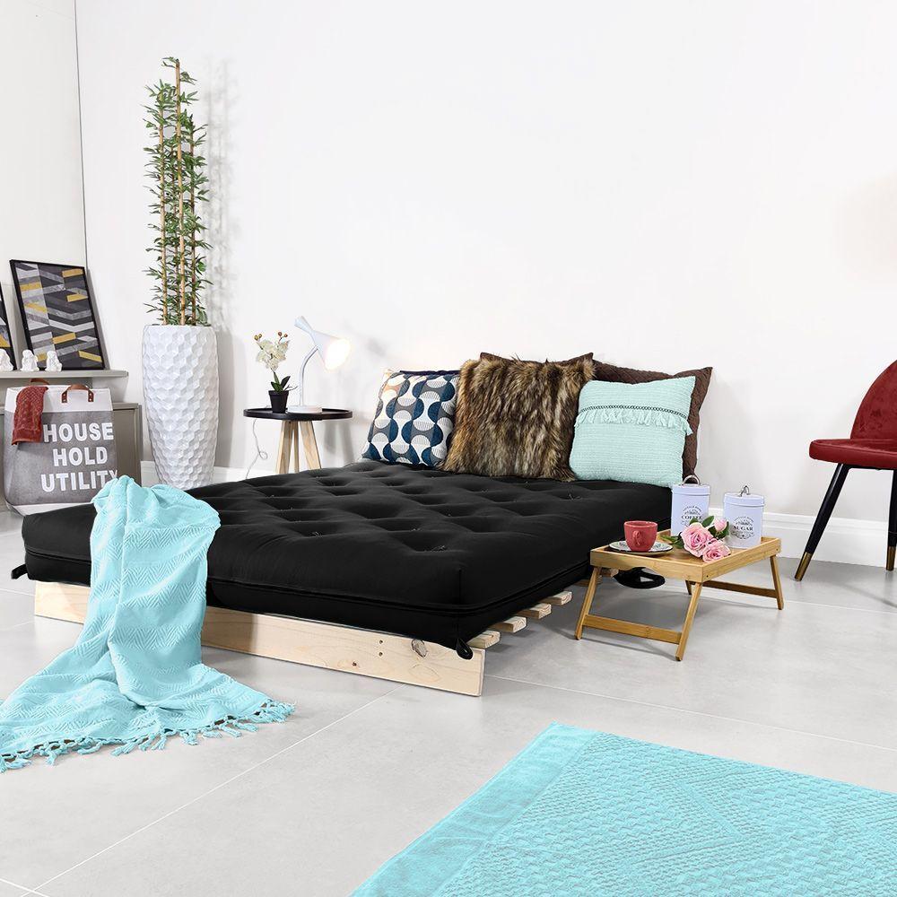 Futon Casal Tokio Sofa Cama Preto Com Madeira Maciça - 3