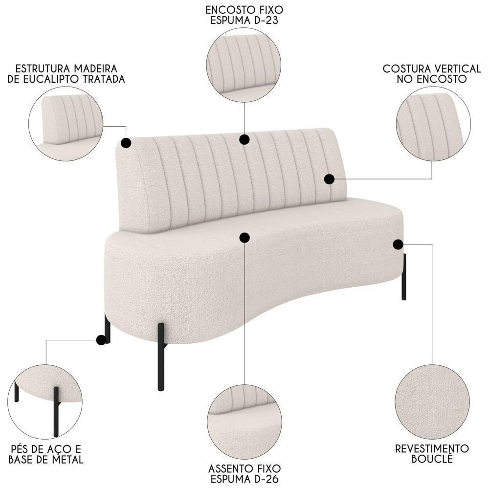 Sofá 2 Lugares 135cm Pés Aço Preto Tamar K04 Bouclê Bege - Mpozenato - 7