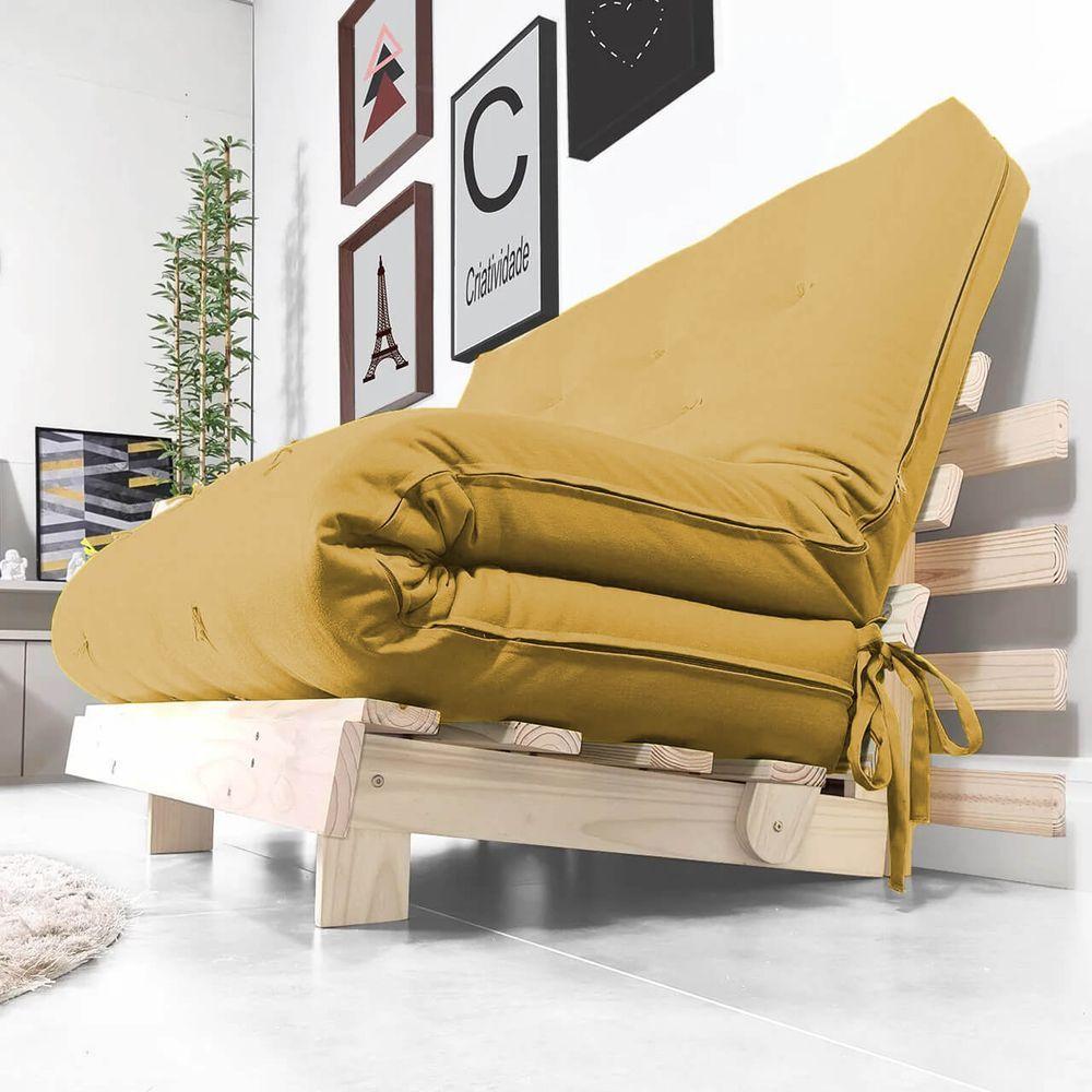 Futon Casal Tokio Sofa Cama Amarelo Acquablock Com Madeira Maciça - 6
