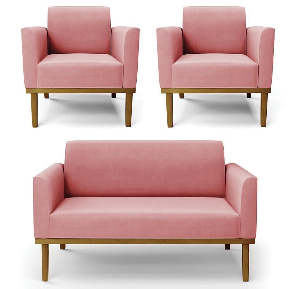 Sofá Namoradeira E 2 Poltronas Base Madeira Castanho Maressa Suede Rosê - Ibiza - 1