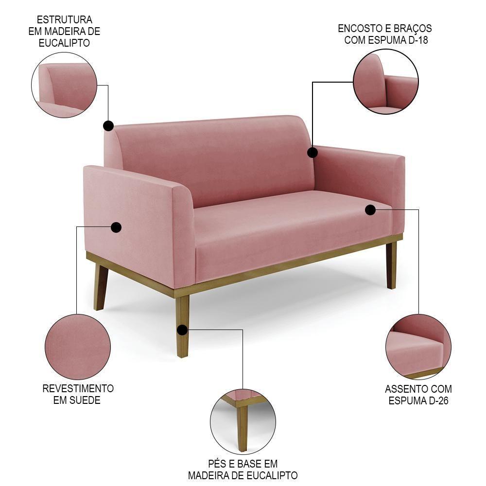 Sofá Namoradeira E 2 Poltronas Base Madeira Castanho Maressa Suede Rosê - Ibiza - 7