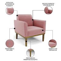 Sofá Namoradeira E 2 Poltronas Base Madeira Castanho Maressa Suede Rosê - Ibiza - 6